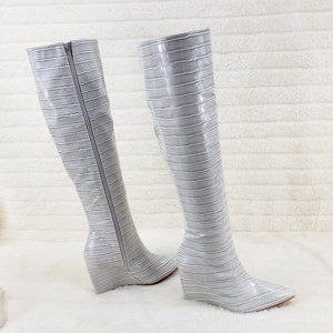 Ice White / Grey Reptile Texture Knee High Wedge Heel Boots Lexis